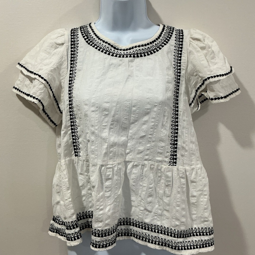 LOFT Flutter Sleeve Blouse Top Womens Size PS Black White Ruffle Coquette